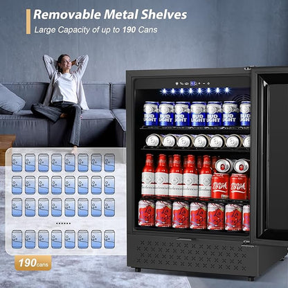 Tylza Beverage Refrigerator 24 Inch, Under Counter/Freestanding Drink Fridge, 190 Cans Beverage Cooler with Glass Door, Reversible Door, Low Noise, Quick Cooling - for Beer, Soda, ETC, Black