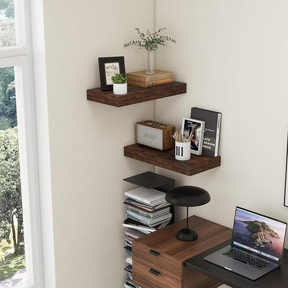 Deep Floating Shelves, 12 Inch Deep Rustic Floating Shelves Set of 2, 24 Inch Large Wall Mounted Wood Shelves for Books Laundry Room Living Room Bedroom Kitchen Home Office - Rustic Brown