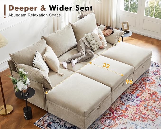 102.6" U Shaped Modular Sectional Sofa, 5 Seater Couch with Storage Ottoman Deep Seat and High Backrest with Removable Cover for Living Room, Apartment - Chenille Beige