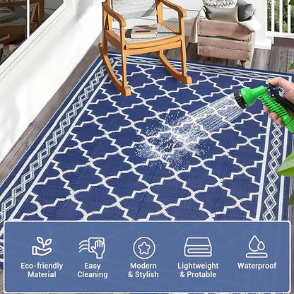 GAOMON Outdoor Plastic Straw Rug, 10'x14' Reversible Sage Green Patio Mat, Flower Modern Design for RV, Backyard, Deck, Camping, Picnic, Navy/White(Geometric)