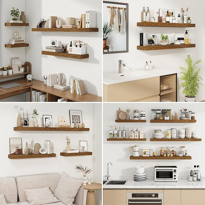 fuqing Floating Shelves for Wall, Bathroom Shelf Wall Mounted for Storage, Shelves with Invisible Bracket for Bedroom, Kitchen, Living Room, Farmhouse Small Book Shelf, 32 Inch Set of 2, Rustic Brown