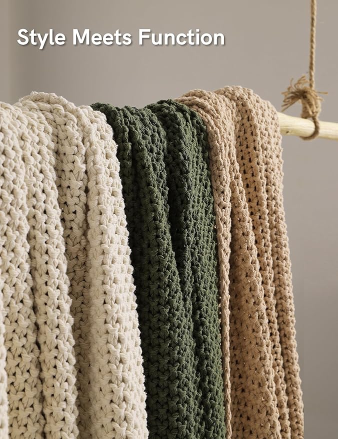 YnM Chunky Cotton Knit Throw Blanket, Cable Knit Throws for Bed Couch Sofa, Comfy & Relaxing, Decorative Piece for Farmhouse Modern Boho Rustic Scandinavian Chic Vibe, Beige 60x80 Inches