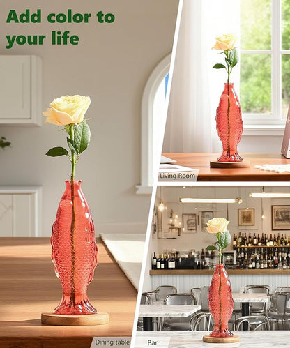 Nacome Fish Vase Glass Plant Terrarium with Wooden Stand,Planter Propagation Station for Home Office Hydroponics Desk Decoration,Unique Gardening Gifts for Plant Lovers Women Mom(Red)