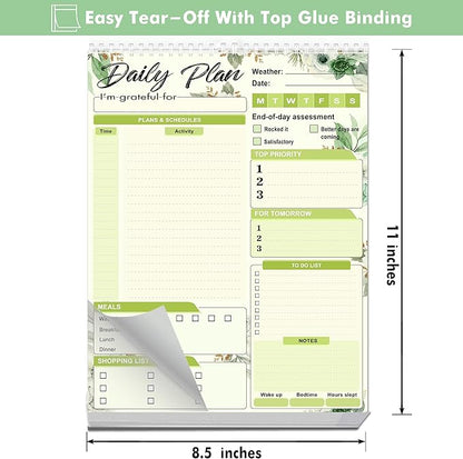 Daily Plan Notepad, 52 Sheets 8.5" X 11.5" Daily for To-Do Lists, Habit Tracking, Academic Scheduling, and Productivity Goals - Perfect for Work, Home, and Office Organization| Tropical Green Floral