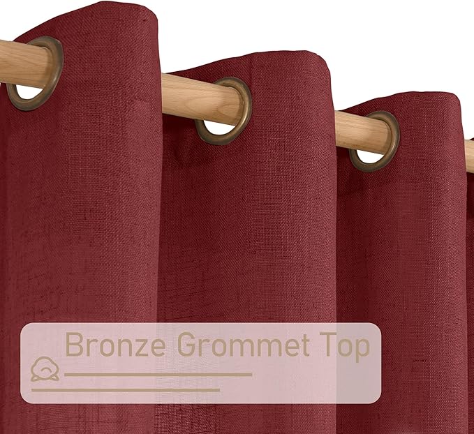 LAMIT Burgundy Red Linen Curtains 72 Inch for Living Room, Bronze Grommet Linen Textured Christmas Curtains Light Filtering Drapes for Bedroom/Dining Room, Set of 2, 52 x 72 Inch