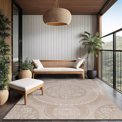 Medallion Outdoor Rug 8x10 Washable Outside Carpet for Indoor Patio Porch Waterproof Easy Cleaning Non Shedding Area Rugs Beige 8 x 10