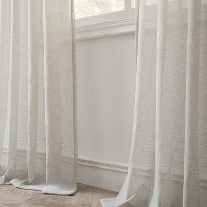 FMFUNCTEX Linen Sheer Curtains for Bedroom, Grey Curtains 96 inches Long for Living Room, Gray Farmhouse French Flax Blend Window Draperies, Rod Pocket 2 Panels Set
