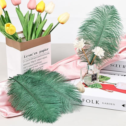 THARAHT Blackish Green Ostrich Feathers 24pcs Natural Bulk 8-10Inch 20cm-25cm for Crafts Wedding Party Centerpieces Mardi Gras Decoration Feather