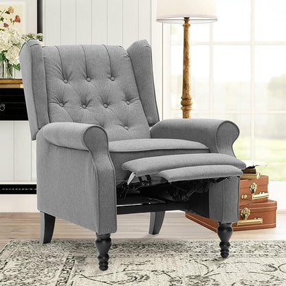 Mid Century Wingback Recliner Chair for Adults, Modern Linen Fabric Push Back Recliner Chairs with Button Tufted Upholstered Back & Footrest, Manual Recliner Chais for Living Room, Nursery, Gray