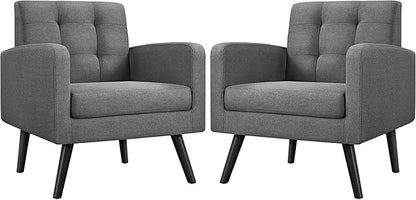 Yaheetech Mid-Century Accent Chairs, Modern Upholstered Living Room Chair, Cozy Armchair Button Tufted Back and Wood Legs for Bedroom/Office/Cafe, Set of 2, Gray