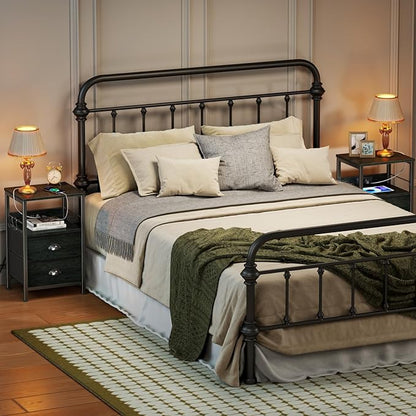Furologee Nightstand Set of 2, Black Oak, with Charging Station and USB Ports, Side Tables with 2 Fabric Drawers, Bedside Tables with Storage Shelf & Hooks, for Living Room/Bedroom