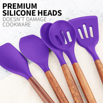 Zulay Kitchen Non-Stick Cooking Utensils Set with Authentic Acacia Wood Handles – 5-Piece Durable & Stylish Silicone Kitchen Utensils Set – Heat Resistant to 464°F – Purple