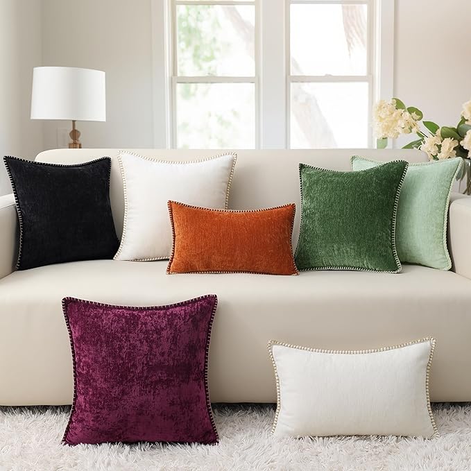 decorUhome Chenille Soft Throw Pillow Covers 24x24 Set of 2, Farmhouse Velvet Neutral Decorative Euro Pillow Covers with Stitched Edge for Couch Sofa Bed Home Decor, Black