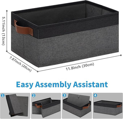 GhvyenntteS Small Fabric Storage Bins 12 Pack, 11.8" x 7.87" x 5.11" Storage Basket with Leather Handles, Closet Storage Bins for Shelves, Storage Baskets for Shelves, DVD Storage (Grey/Black)