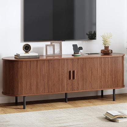 63" TV Stand with Power Outlet, Modern Media Console with Sliding Doors, Entertainment Center for TVs up to 60 Inch, Adjustable Shelves, Walnut