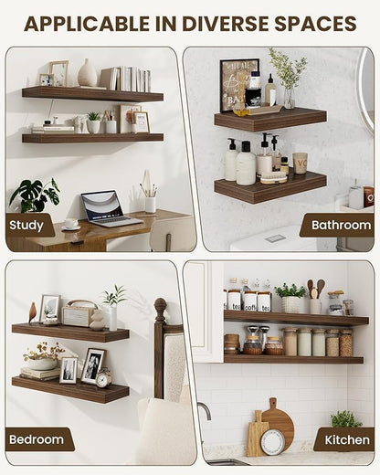 Marsmiles 24" Floating Shelves for Wall, Wooden Shelves with Invisible Brackets Set of 2, Rustic Farmhouse Wall Mounted Shelf for Kitchen Bathroom Living Room Study, Walnut