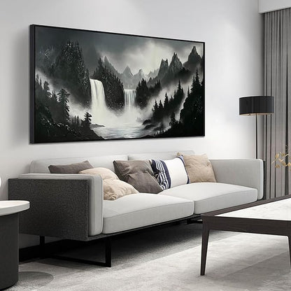Hand Painted Mountains Painting for Living Room - Waterfall Canvas Wall Art for Office - Large Framed Wall Art Bedroom Size 29" x 59"