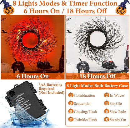 7 Ft Halloween Decorations Willow Vine Twig Garland with 8 Modes Timer 63 LED Orange Lights, Halloween Garland with Waterproof Battery Operated for Wall Fireplace Decorations Indoor Outdoor