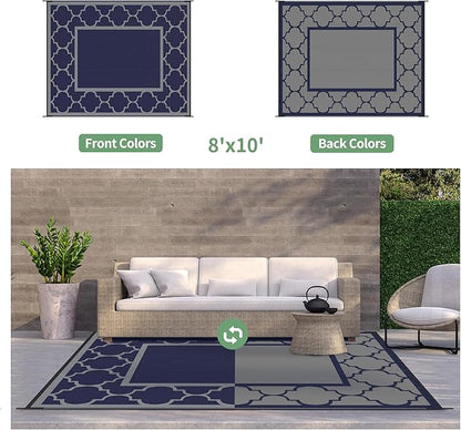 GENIMO Outdoor Rug 8' x 10' Patio Waterproof, Foldable Reversible Plastic Straw Area Rugs Mat for Camper Decor, Outside Carpet for Rv, Deck, Porch, Picnic, Beach, Balcony, Blue & Grey