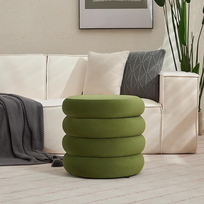 ONEVOG Round Storage Ottoman, 20" Small Ottomans Table with Removable Lid, Velvet Fabric Soft Footrest Stool for Couch, Upholstered Stuffed Circle Seat for Livingroom/Bedroom/Dorm/Vanity, Olive Green