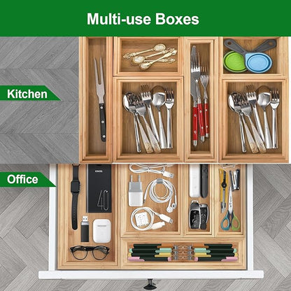 Bamboo Drawer Organizer, 2PCS Stackable Storage Boxes for Utensil Organizer, Wood Tray for kitchen, Bathroom and Bedroom 12" x 3" x 2"