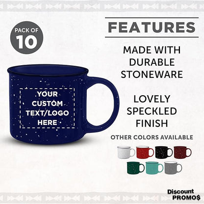 DISCOUNT PROMOS Custom Ceramic Campfire Coffee Mugs 13 oz. Set of 10, Personalized Bulk Pack - Perfect for Tea, Espresso, Cappuccino, Hot Cocoa - Blue