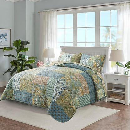 NEWLAKE Quilt Set Twin Size, 100% Cotton Patchwork Green Bohemian Quilt Sets, Reversible Bedspread Lightweight and Breathable for All Seasons, Soft Quilted Bedspread