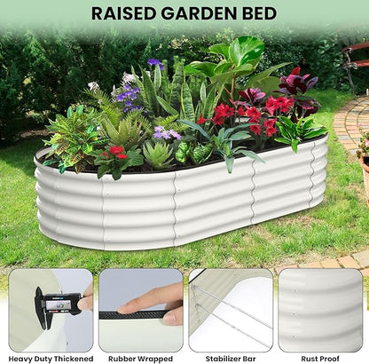 2 Pcs 6x3x1.5ft Oval Raised Garden Bed, Galvanized Raised Beds,Open-Ended Base Metal Raised Planter Beds,Garden Bed Outdoor,Planter Raised Boxes for Vegetables, Flowers,Tool-Free Asse,White