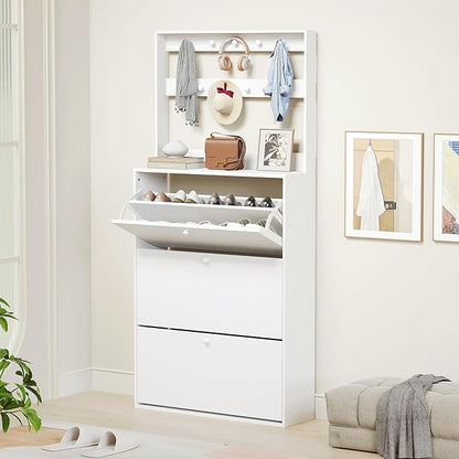Shoe Cabinet Set of 2 with 3 Flip Drawers, Narrow Shoe Cabinet with 9 Hooks Coat Rack, Freestanding Shoes Storage Cabinets with Adjustable Shelves for Entryway, Hallway, Living Room, White