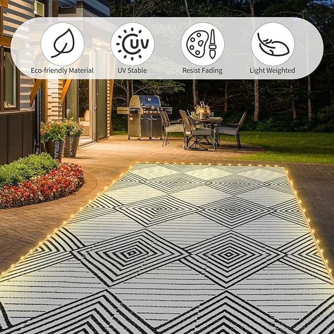8x10ft Waterproof Outdoor Rug with LED Lights, Foldable Reversible Plastic Straw Mat for Patio RV Camping Picnic Balcony Beach Deck Indoor Outdoor Carpet, Black&White