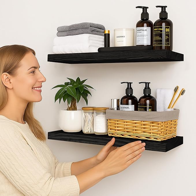 BGMG Wood Floating Shelves for Wall 30 inch Set of 2,Black Floating Shelves,Solid Wood Wall Mount Shelves for Bathroom Living Room Bedroom Kitchen Farmhouse -30x 6.7 x1.25 inch