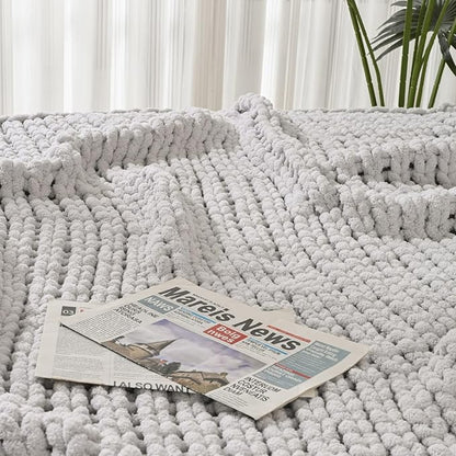 Esterra 100% Hand Knitted Chenille Throw Blanket, Cozy Soft Thick Cable Knit Throw, 40x50 Inches, Light Gray