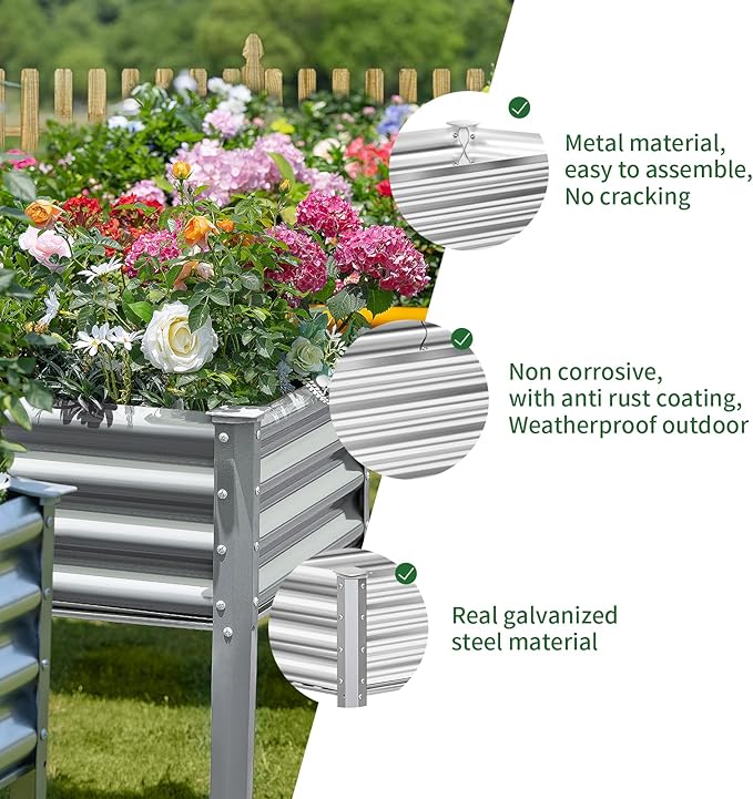 Land Guard Galvanized Raised Garden Bed with Legs, 96×24×32in Raised Garden Beds Outdoor with Drainage Holes, Planter Boxes Outdoor for Backyard, Patio, Balcony, 800lb Capacity, Silver