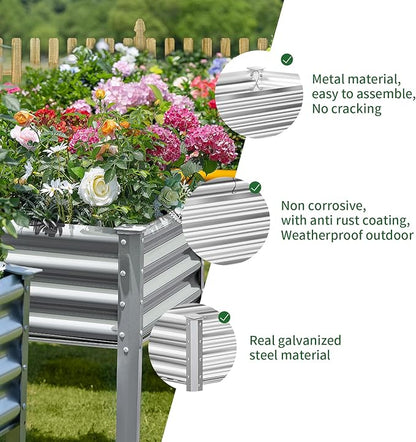Land Guard Galvanized Raised Garden Bed with Legs, 96×24×32in Raised Garden Beds Outdoor with Drainage Holes, Planter Boxes Outdoor for Backyard, Patio, Balcony, 800lb Capacity, Silver