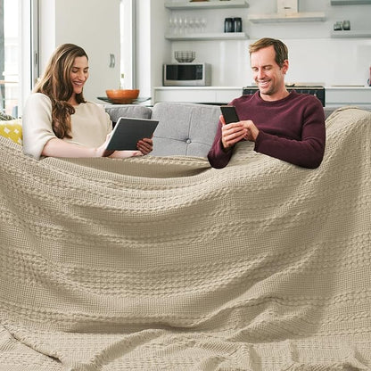 PHF 100% Cotton Waffle Blanket Oversized King 120"x120", Lightweight Breathable Extra Large 10'x10' Summer Blankets for Bed, Giant Big Luxury Aesthetic Woven Bedding for Home Decor, Khaki
