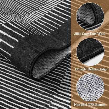 Wonnitar Washable Striped 5x7 Washable Area Rug, Non-Slip Black Berber Stripe Rugs for Living Room, Low Pile Minimalist Floor Carpet Rugs for Bedroom Dining Room Home Office (Black,5' x 7')