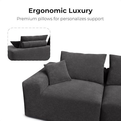 LIKIMIO 120" Modern L-Shaped Modular Sectional Sofa for Living Room, Corduroy Upholstery Dark Grey, Oversized 3-Seater Couch with Deep Seat and Movable Ottoman – No Assembly