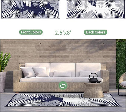 GENIMO Outdoor Rug 2.5' x 8' Waterproof for Patios Clearance, Reversible Outdoor Plastic Straw Camping Rug Carpet, Large Area Rugs Mats for RV, Camper, Deck, Balcony, Porch, Beach, Navy Blue&White