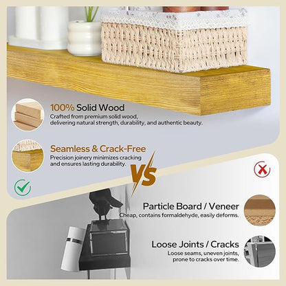 Floating Shelves 3 inch Thick for Wall Set of 2,Solid Pine Wood Wall Mount Shelf for Kitchen Living Room Bedroom Bathroom,8" D x 48" L x 3" H-Gold Oak