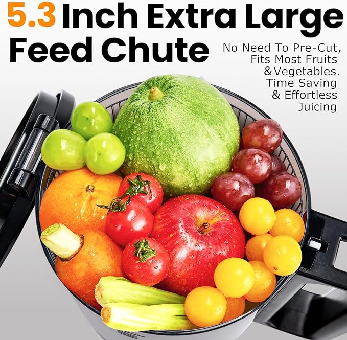 Cold Press Juicer,Slow Masticating Juicer Machines with 5.3" Large Feed Chute for Most Fruits and Vegetables,Easy to Clean Lemon Orange Juicer with 250W Motor and High Juice Yield,Deep Grey
