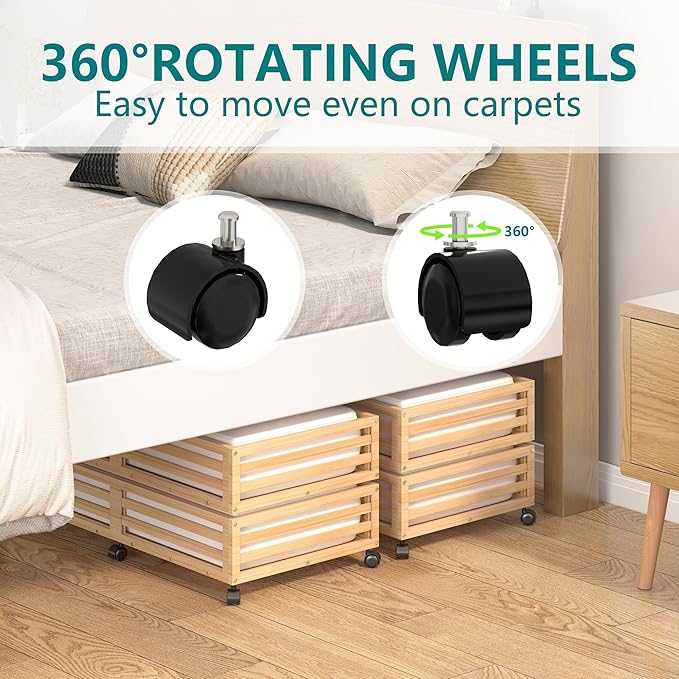 Bamboo Under Bed Storage Containers- Underbed Organizer with Wheels with Large Dust Bag,Sturdy Wood Rolling Under the Bed Shoe Storage Organizer Drawer 2 Packs (Nature, Long)
