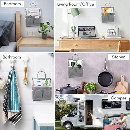3pcs Small Wall Hanging Organizer Bag, Linen Fabric Door Hanging Storage Basket with Pockets, Waterproof Bin for Kitchen, Bedroom, Office, RV Camper (Gray)