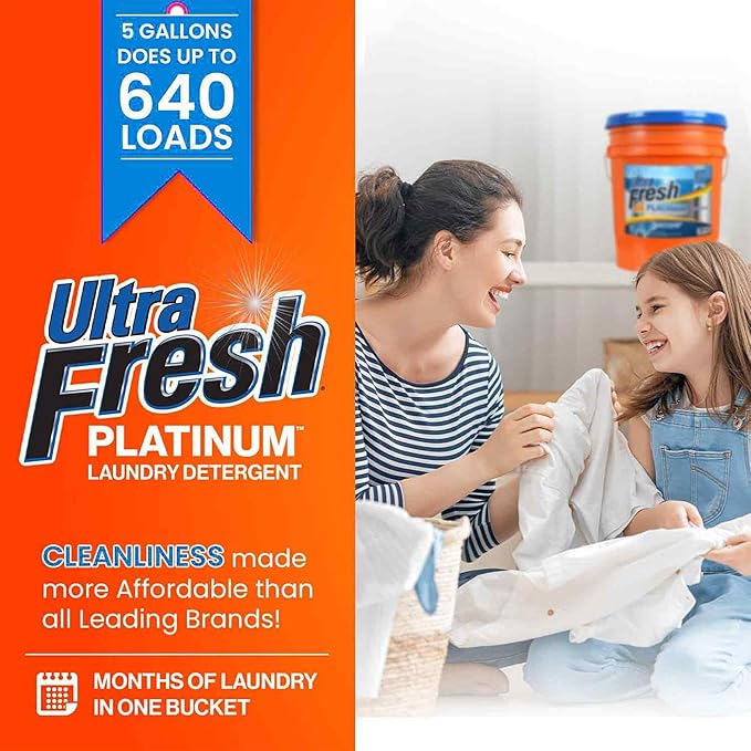 Ultra Fresh Liquid Laundry Detergent Washing Soap, 6X Platinum, ColdWater, 5 Gallon – Fabric Odor Remover to Wash Clothes and Sheets