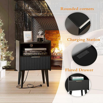 Fluted Nightstand with Charging Station, Modern Bedside Table with Drawer,Black Nightstand with Solid Wood Legs, End Table,Side Table for Living Room,Bedroom Black CTG57BKE