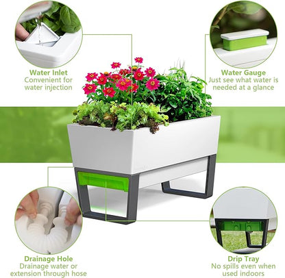 Glowpear Self Watering Planter Box - 29.5", White - UV Stable, Scalable Urban Raised Garden Bed with Water Gauge, Indoor Outdoor for Vegetables, Flowers, Herbs, and Succulents, Gardening