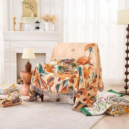 Boho Throw Blanket for Bed, 100% Cotton Soft Rustic Quilt Fall Blanket, 80" 90" Floral Printed Farmhouse Decor Bed Blankets, All Season Rustic Reversible Bohemian Throw Quilt