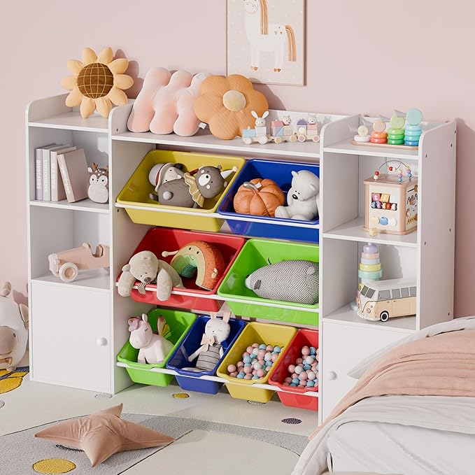 Xilingol Kids Toy Storage Organizer W/8 Removable Toy Bins, 4-Tier Toy Organizers W/6 Storage Cubbies, Kid Bookshelf and Toy Storage for Playroom, Bedroom, Kids Room, Classroom