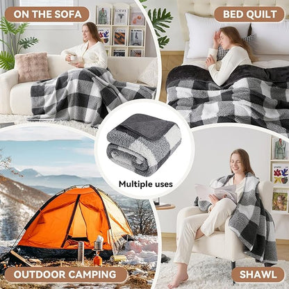 LURKA Checkered Sherpa Fleece Twin-Size Bed Blanket - Extra Thick and Warm Winter Soft Fuzzy Plush Blanket for Couches, Beds & Pets, Smoke Grey, 60x80 Inches