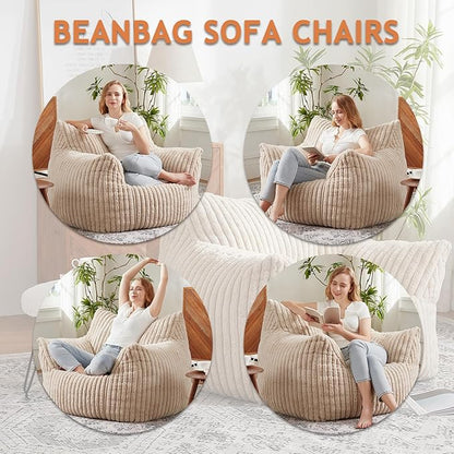 Giant Bean Bag Chairs for Adults with Filling Plush Fluffy Bean Bag Chairs for Teens with Armrests Comfy BeanBag Lazy Couch Sofa Chair for Bedroom Living Room Reading