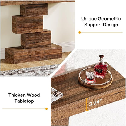 Tribesigns 42.5" Farmhouse Console Table, Narrow Wood Sofa Table Behind Couch with Geometric Base, Industrial Entryway Accent Table for Living Room, Hallway, Entrance (Rustic Brown)